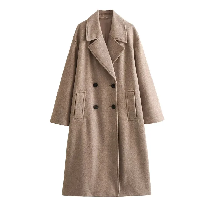 

Korean Style Commuting Autumn And Winter Women's Solid Color Double Breasted Suit Medium Long Soft Loose Woolen Coat Jacket