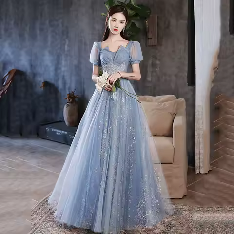 European and American Banquet Evening Dress for Women 2026 New Blue Style Design Dress Vocal Art Exam Annual Meeting Dress