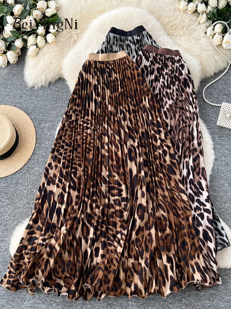 Beiyingni Harajuku Vintage Leopard Print Women Long Skirt Korean Casual Fashion High Street Maxi A-line Skirts Elegant Clothes