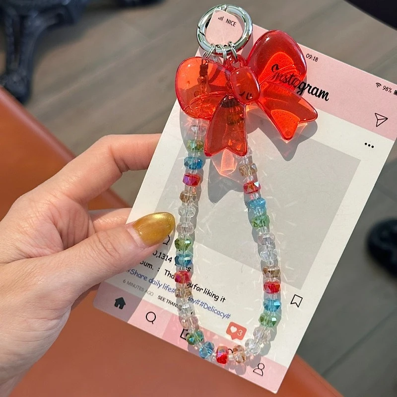 

Rainbow Fashion Bow Crystal Mobile Phone Chain Hand-beaded Hand Chain Mobile Phone Case Pendant Hanging Decoration Phone Lanyard