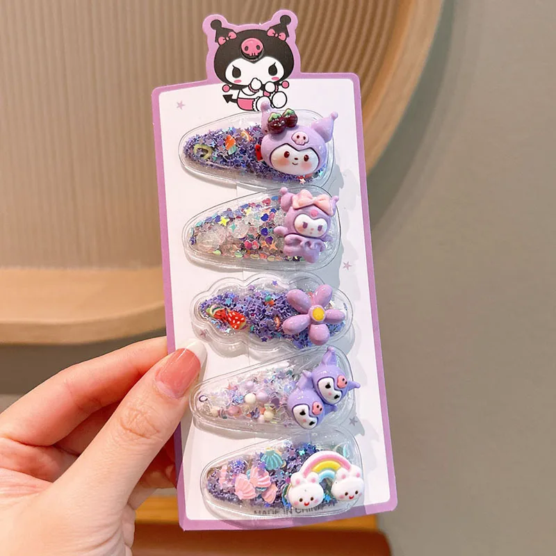 5Pcs Sanrio Kuromi Girls Hairpins Kawaii Cinnamoroll Baby Hairclip Melody Princess Flowing Sand Hair Barrette Sanrio Accessories