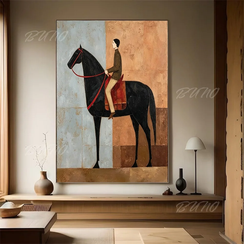 100% Hand-painted Abstract Oil Painting Original Black Horse Rider Mid-century Wall Art For Home Living Room Bedroom Decor