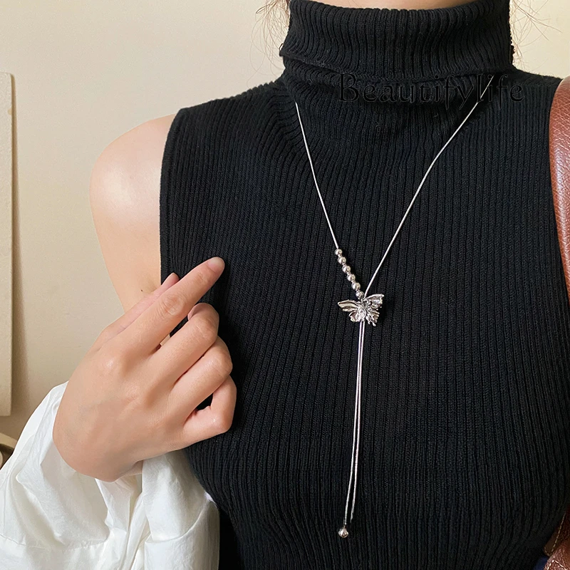 Simple design fringed butterfly sweater chain women's new light luxury niche accessories collarbone chain