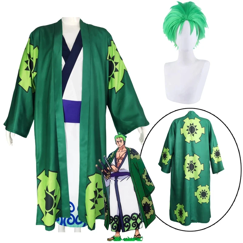 

Anime Cosplay Costume Wig Green Kimono Zoro Rorona Outfit Adult Halloween Carnival Costumes for Men Womens,3'f.5;j.8