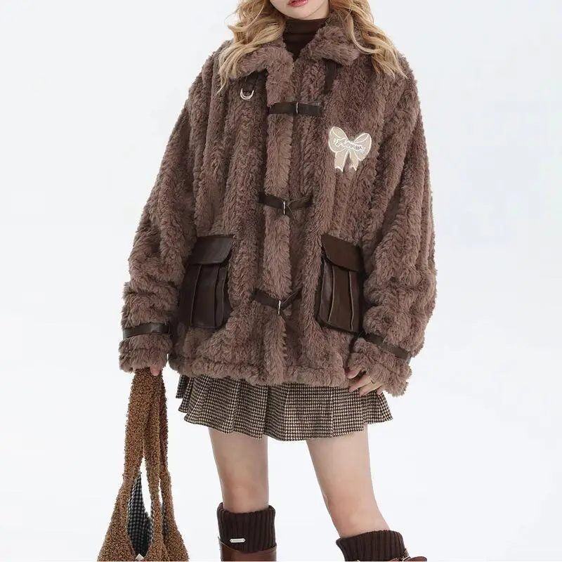 

Women's Coat winter autumn Jacket Outerwear Warm Fleece Lined American Retro Casual Loose Stand Collar Fleece Thick Plush Coat