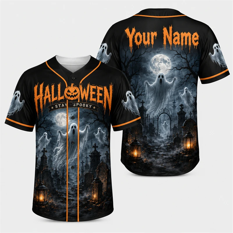 Personalized Ghost Black Cat Halloween Baseball Jersey For Men Women Custom Your Name 3D Print Unisex Horror Theme Cosplay Tops