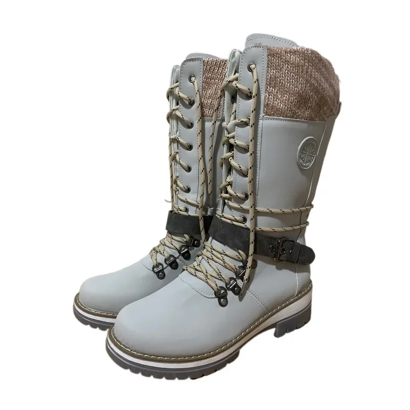 High-quality Winter Warm Boots Women's Winter Side-pull Lace-up Knitted Mid-tube Boots Low-heeled Round-toe Boots Botas De Mujer