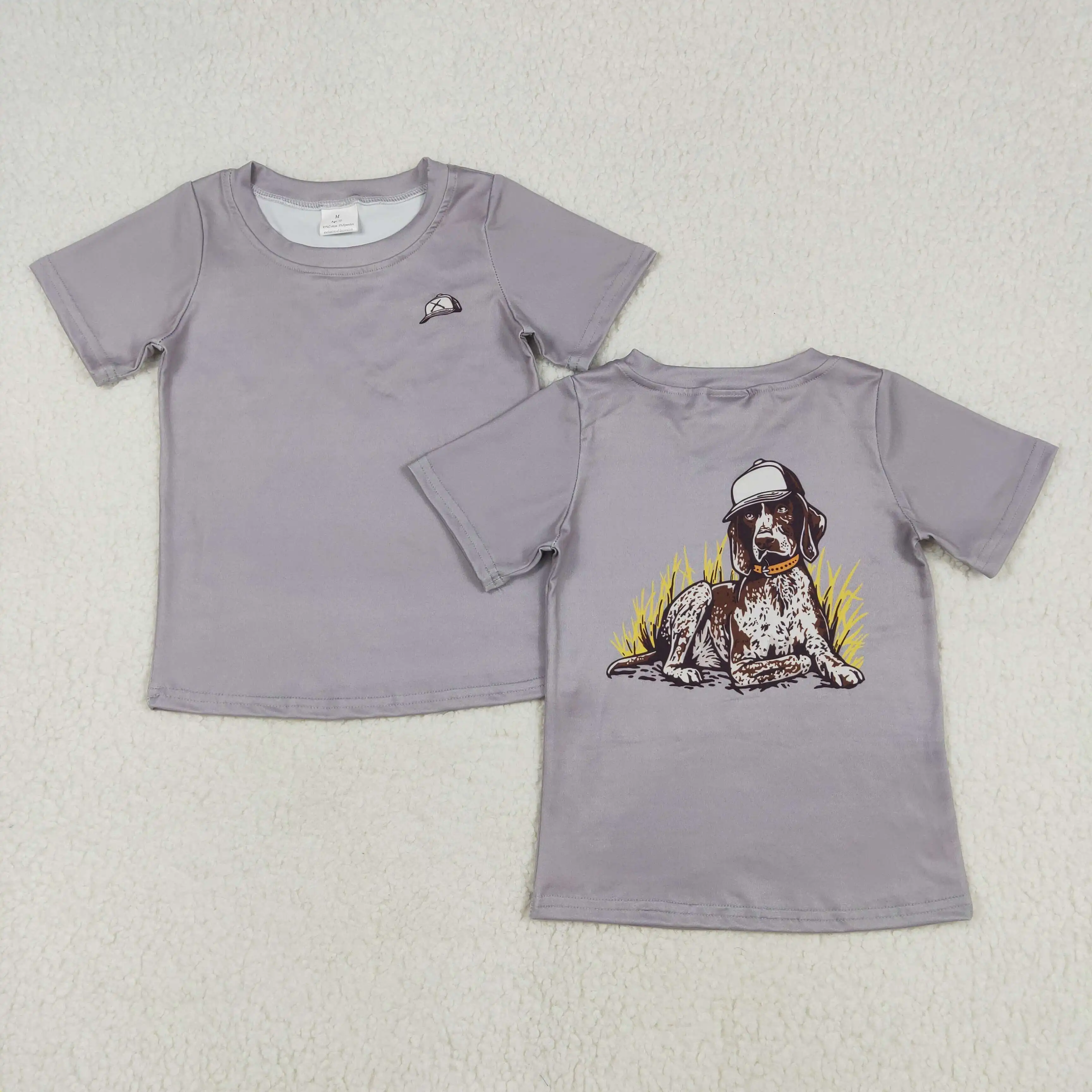 

3.3 yan new rts baby boy summer tops wholesale boutique hat puppy grey short sleeve tops