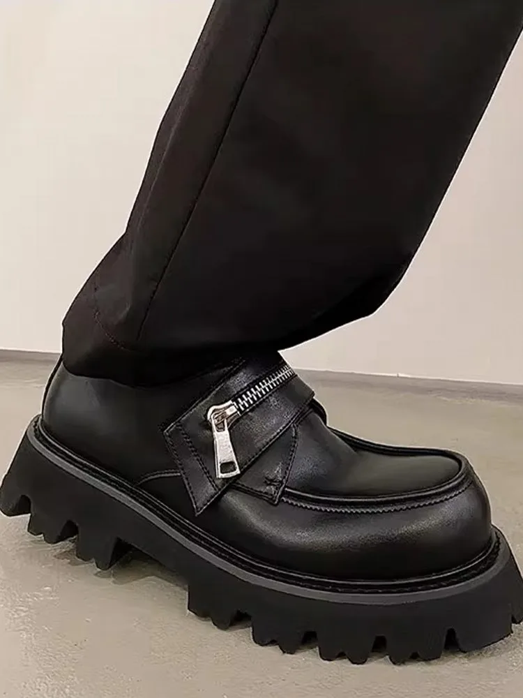 Vintage Mens Party Pu Leather Thick Platform Dress Shoes Slip On Loafes Zipper Designer Round Toe Punk Stage Show Formal Shoes
