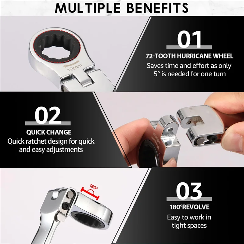 

PORK-Flex Head Ratcheting Wrench Set, 8-19Mm Metric Ratchet Wrench Tool With Interchangeable Heads & Storage