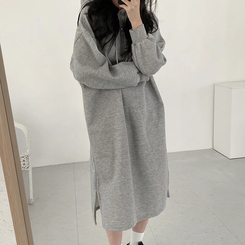 ZURICHOUSE Korean Fashion Loose Drawstring Hoodies Long Dresses Spring Autumn Full Sleeve Split Midi Sweatshirt Dress Women