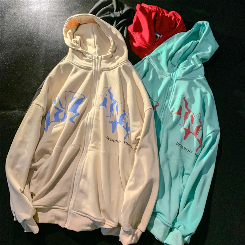 Letter Print Zip Up Hoodies Women Men Jacket Casual Hip Hop Harajuku Streetwear Y2K Clothes Tops Loose Grunge Hooded Sweatshirt