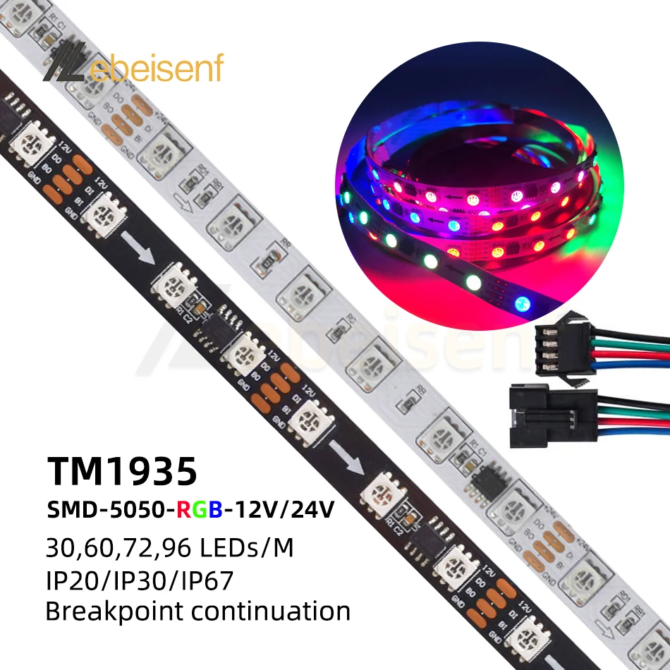 DC 12V 24V Dual Signal Addressable LED Strip Pixel Light 5050 RGB TM1935 (Similar WS2818) Programmable Breakpoint Continuation