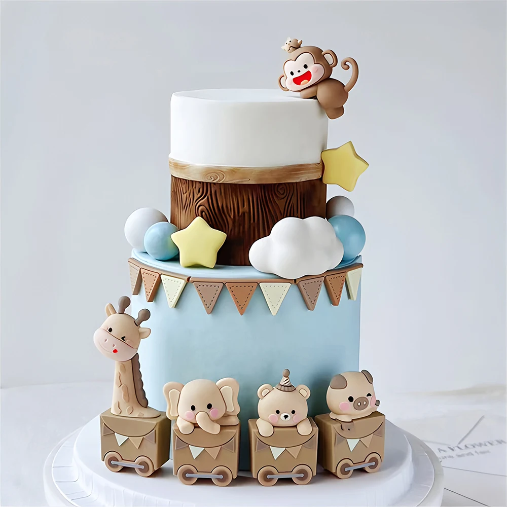 Animal Train Cake Topper Set Brown Giraffe Bear Elephant Mon