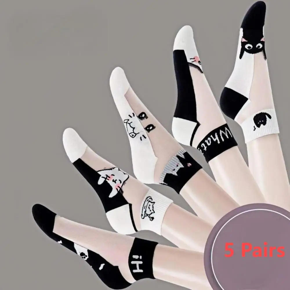 

5 пар черно-белых женских носков с котом, дышащие, впитывающие пот из стекловолокна, износостойкие и устойчивые к запаху летние носки