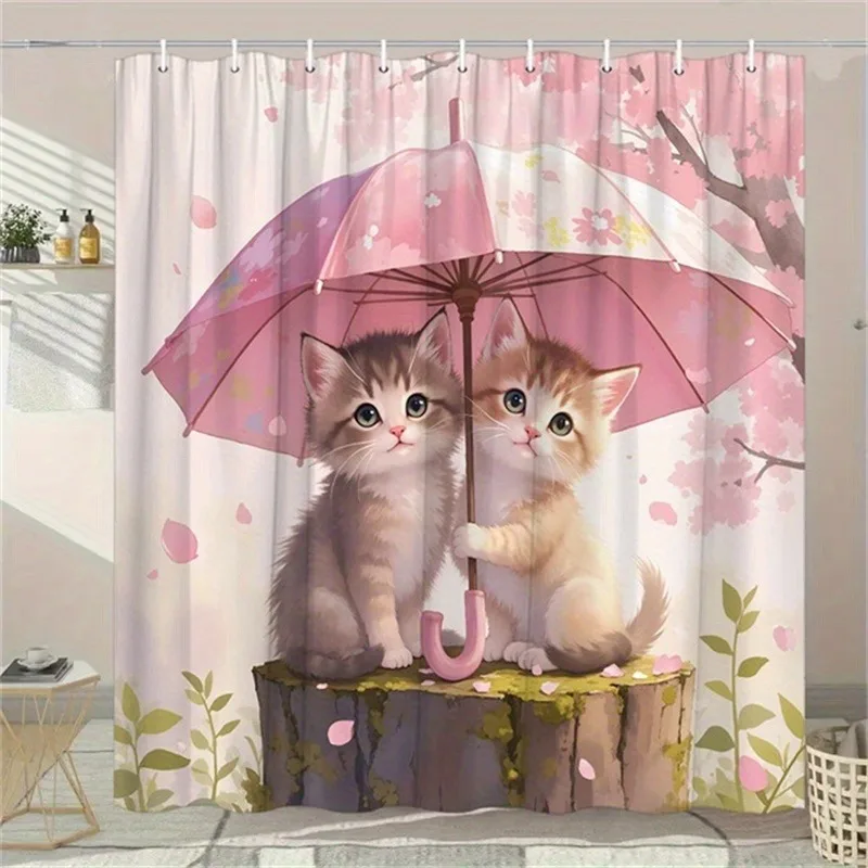 

cute little cat under the pink umbrella Shower Curtain Washable Dirt-Resistant Shower Head waterproof Polyester Bath Curtain