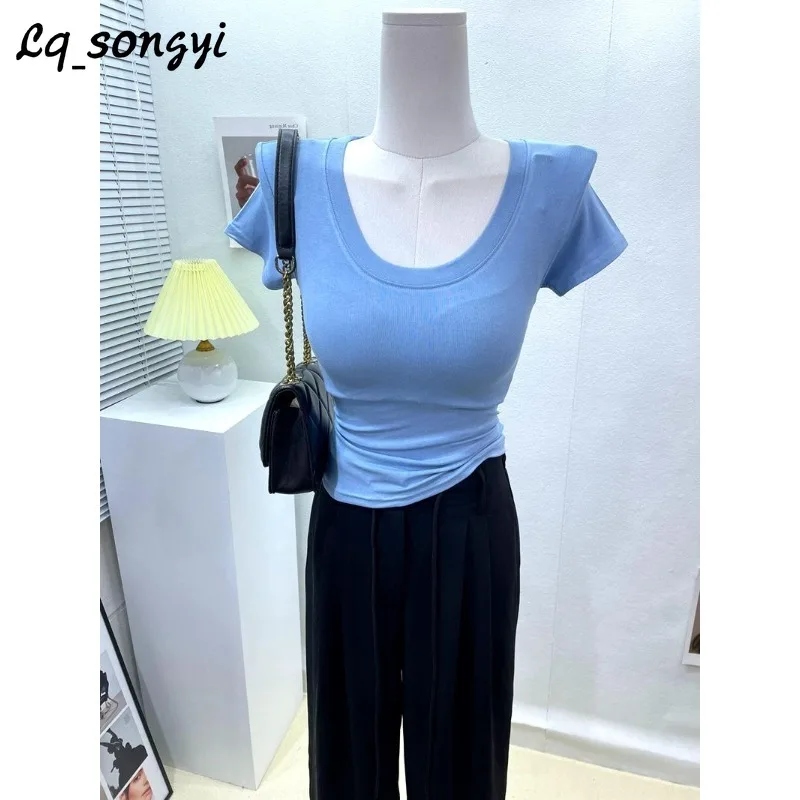 

Lq_songyi Basic Scoop Neck T Shirts Slim Top Women Summer Short Sleeve Solid Tees Candy Colors High Strecth Thin Tight T Shirt