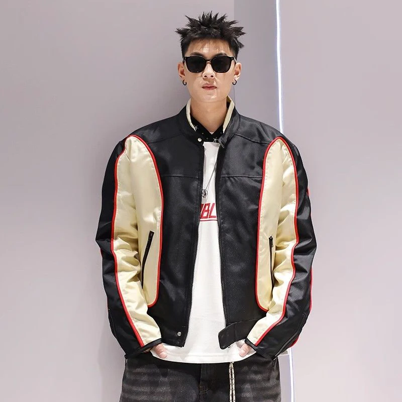 [BOMP] American High Street Motorcycle Stand Up Collar Jacket Men's Spring Autumn Casual Handsome