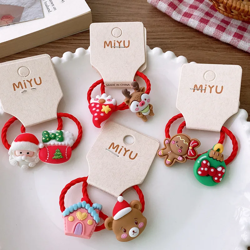 2PCS New Christmas Elk Princess Cartoon Hair Ties Headwear Lovely Kids Elastic Hair Bands Children Rope Girls Baby Accessories