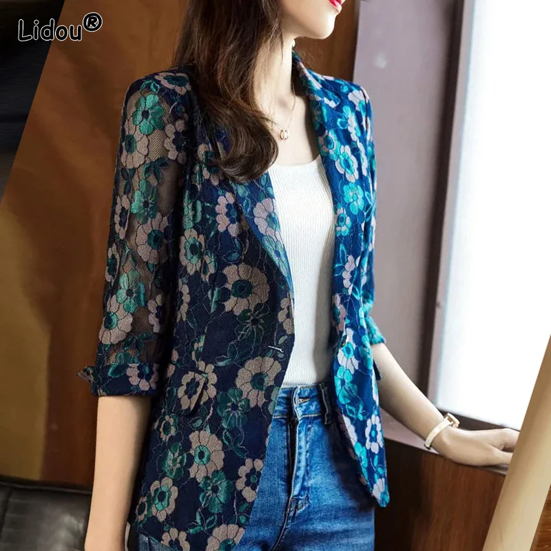 Three Quarter Sleeve Spring Summer Thin Blazer Printing Women's Clothing 2022 Temperament Hollow Out Floral Slim Casual Formal