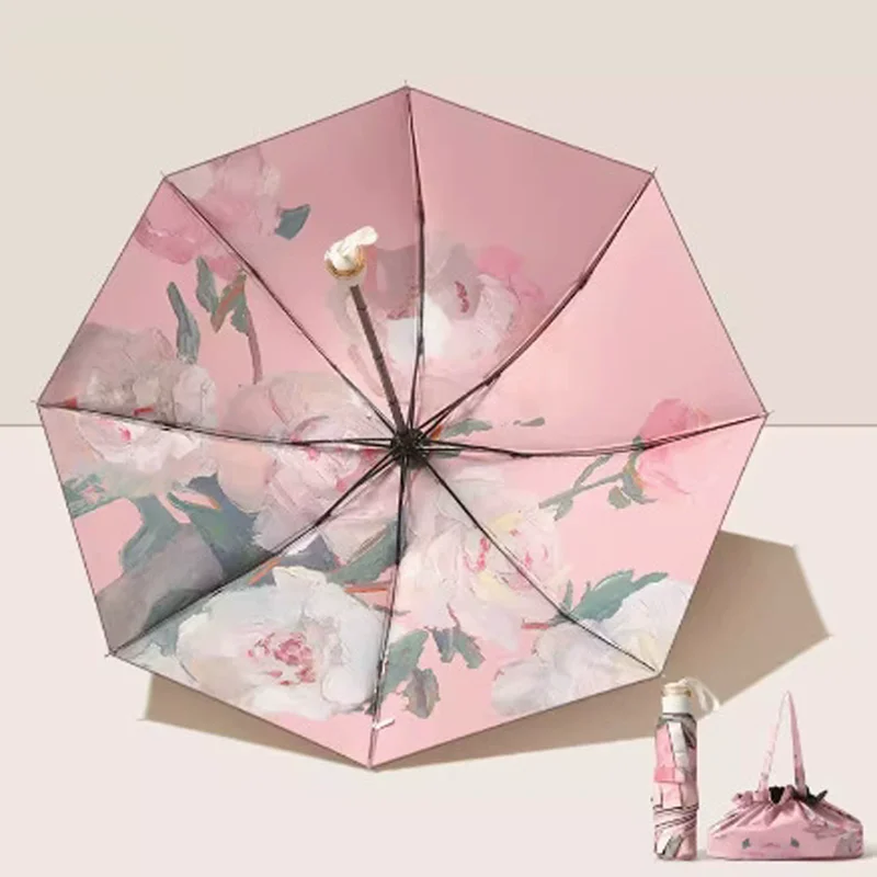 Double Layer Rose Painting Umbrella 3 Fold UV Protection Umbrellas Waterproof Parasol for Women & Men Compact & Stylish