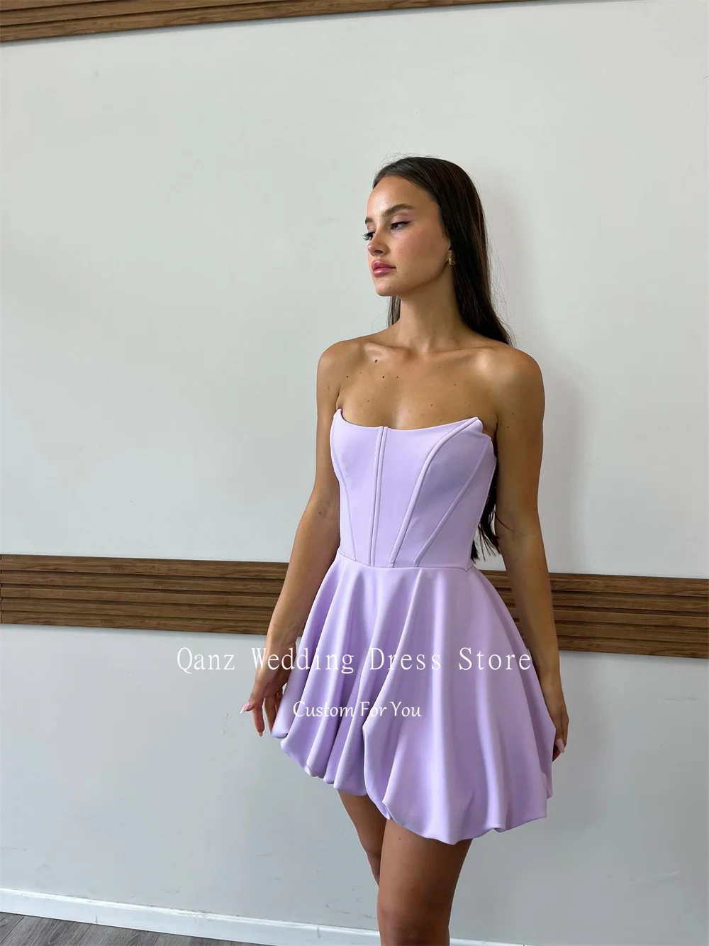 Qanz Simple Satin Prom Dresses Lilac Short A Line Graduation Party Dress Strapless Mini Women Vestidos De Fiesta Customized