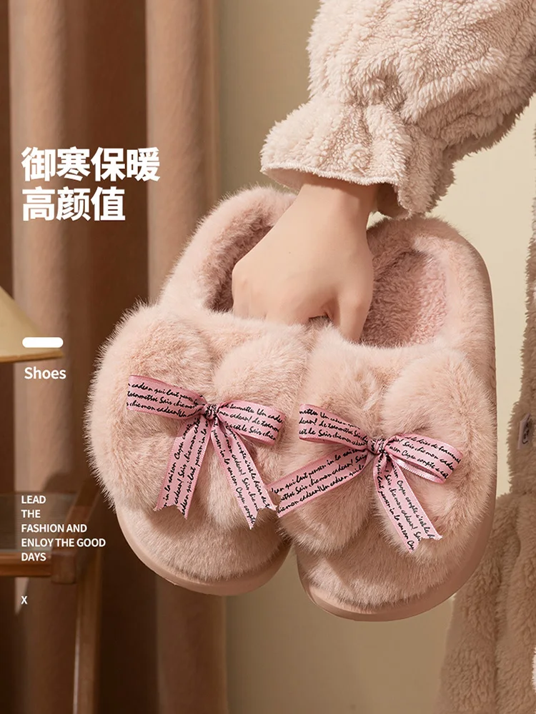 Bow Fluffy Women Slippers Faux Plush Fur Winter Eva Home Cotton Shoes House Indoor Living Room Slippers Female Slides flip flops