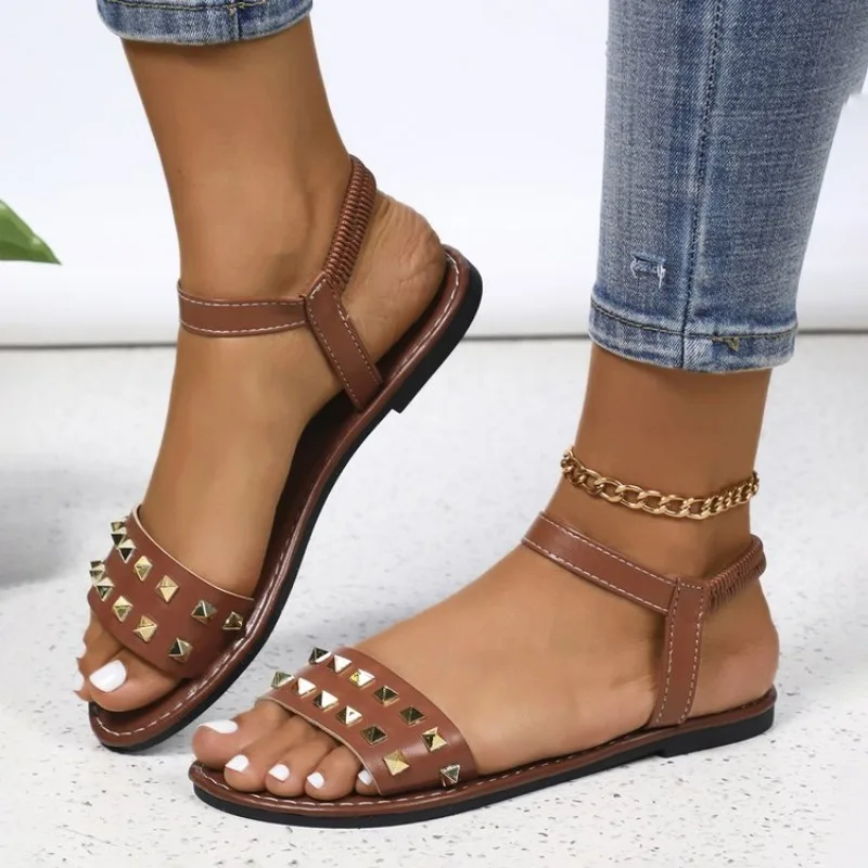 Sandalias romanas de suela plana para mujer, zapatos de gladiador a la moda con suela de goma antideslizante, novedad de verano