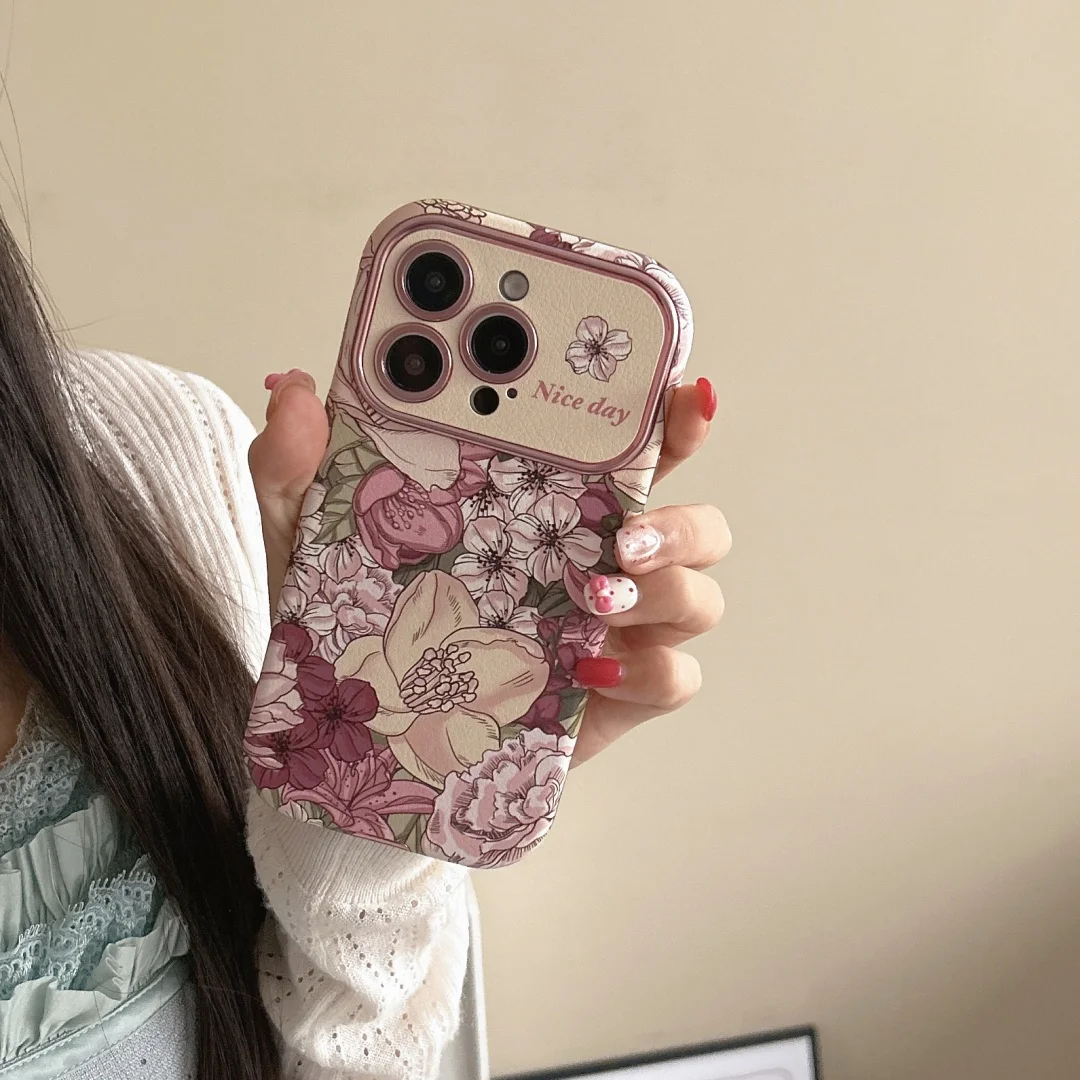 เคสโทรศัพท์ลายภาพวาดสีน้ำมันดอกไม้ สำหรับ iPhone 16 15 14 Pro Max ป้องกันเลนส์กล้อง เคสซิลิโคนนิ่มกันกระแทก พร้อมสายคล้อง ﻿