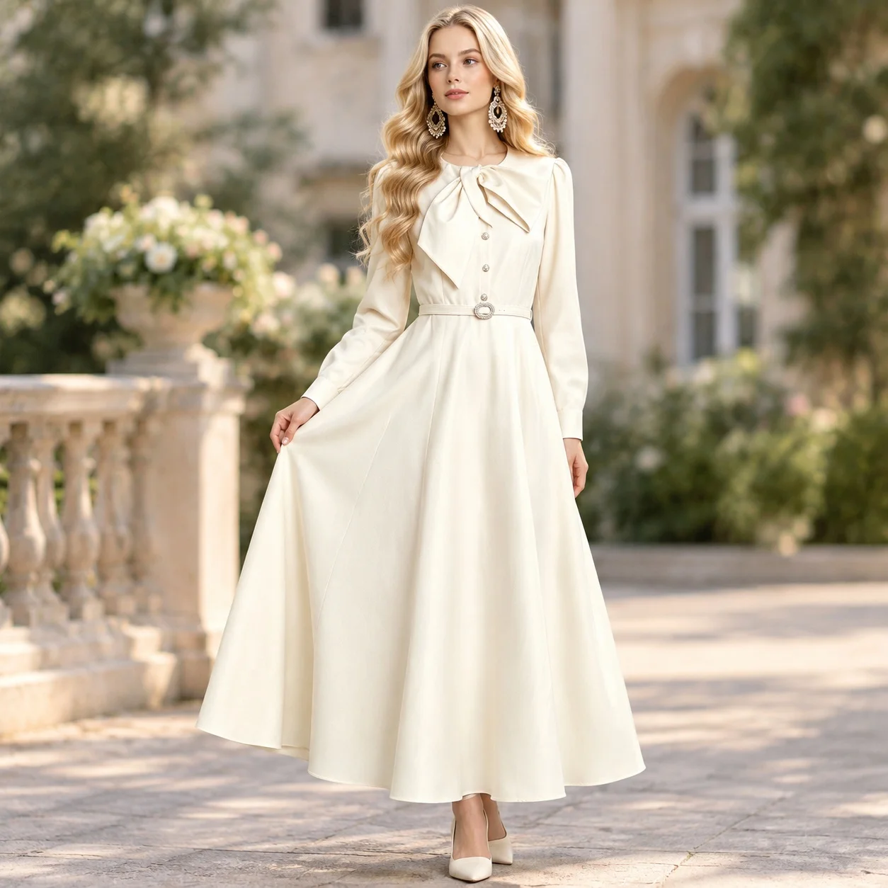 Long Sleeve Mid Waist Gown Maxi Length Retro Style with Pleated Design Artistic Retro Pleated Dress Wedding Dress for Women