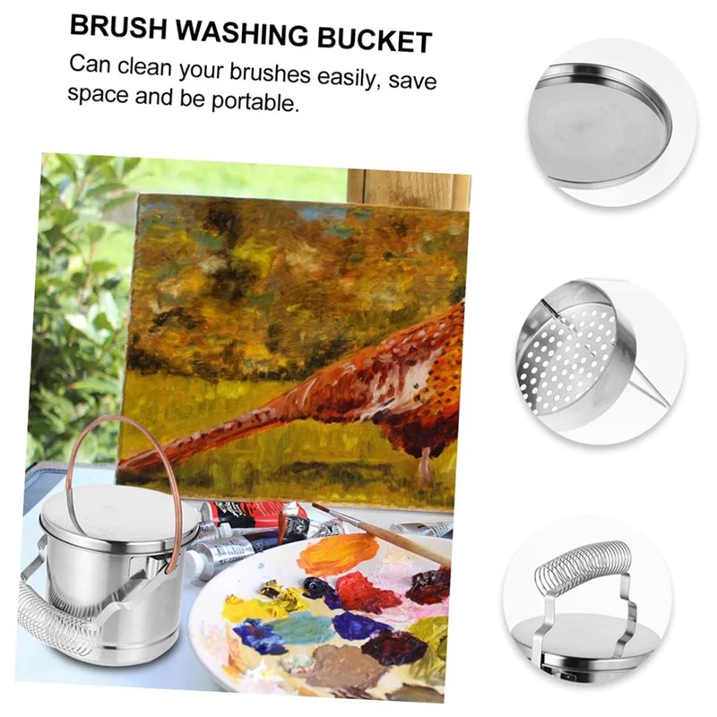 1 PCS Pencil Bucket Painting Brush Bucket Silver Stainless Steel Brush Cleaner Metal Stand Airtight Metal Tub