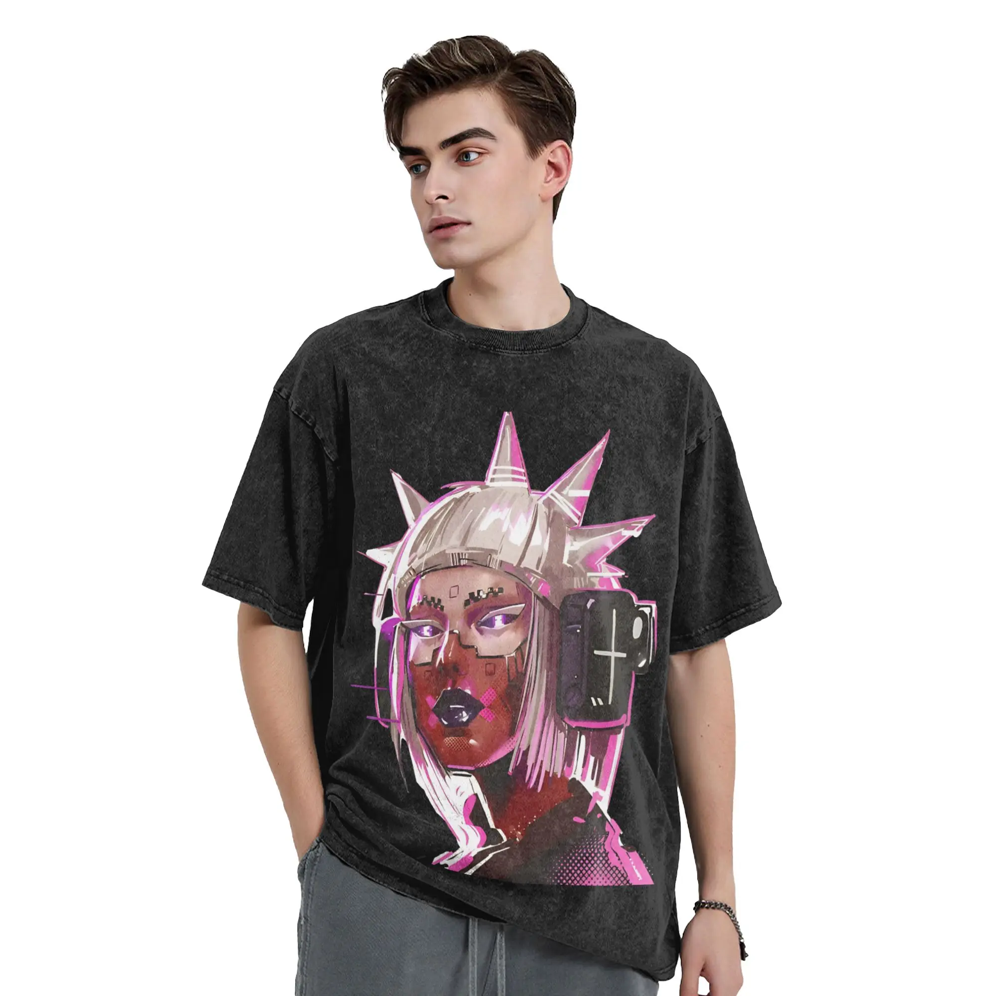 Priting Marathon Game  Vintage Washed T-Shirt Men's Cotton Short Sleeve Sci-Fi  Crewneck Summer Clothes
