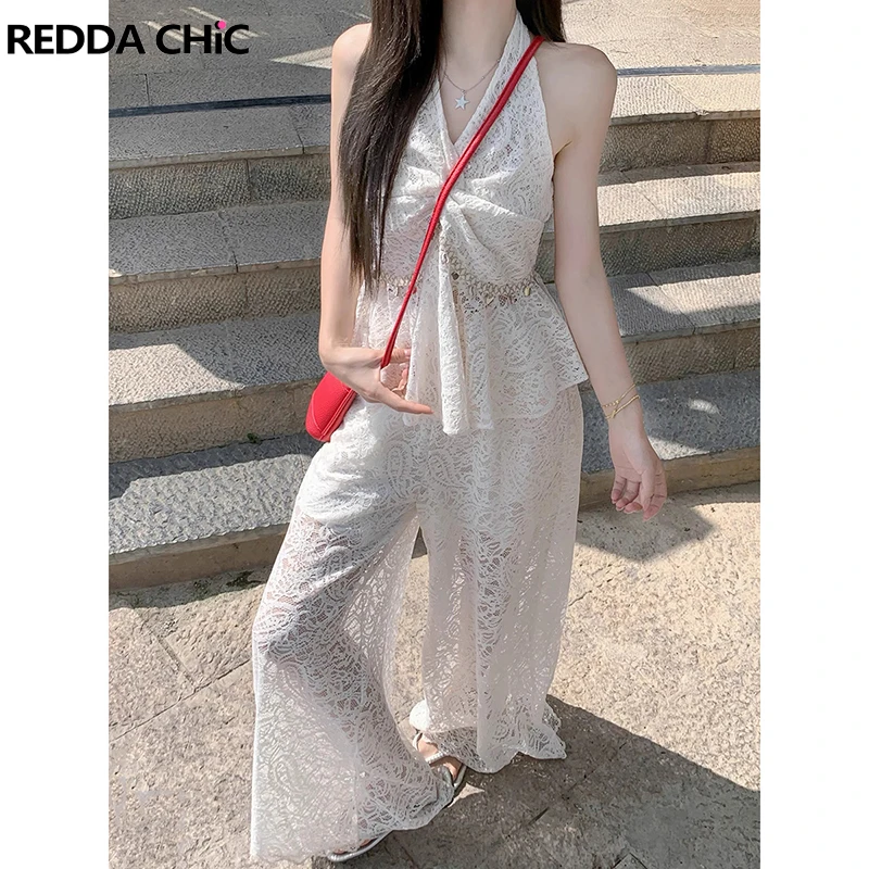 

ReddaChic Twist V-neck Top Pants Women Set Halter Sequin Fringe Sleeveless Vest Wide Leg Hollow Lace Pants Holiday Boho Clothes