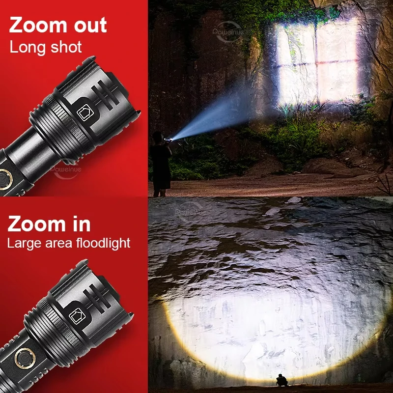 Torcia LED ad alta potenza Torcia ricaricabile impermeabile Zoom Flash Light 800M Lanterna multifunzione per esterni Luce da campeggio