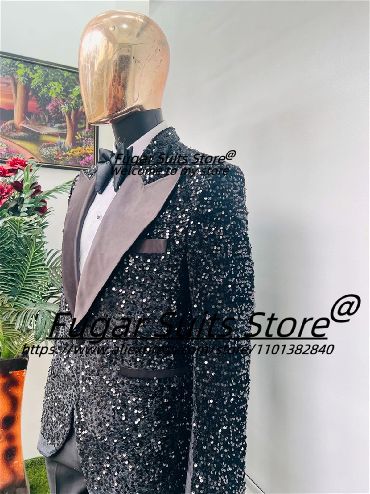 Luxuly Shiny Black Wedding Suits For Men Slim Fit Peak Lapel Groom Formal Tuxedos 2Pieces Sets Handsome Male Blazers Ropa Hombre