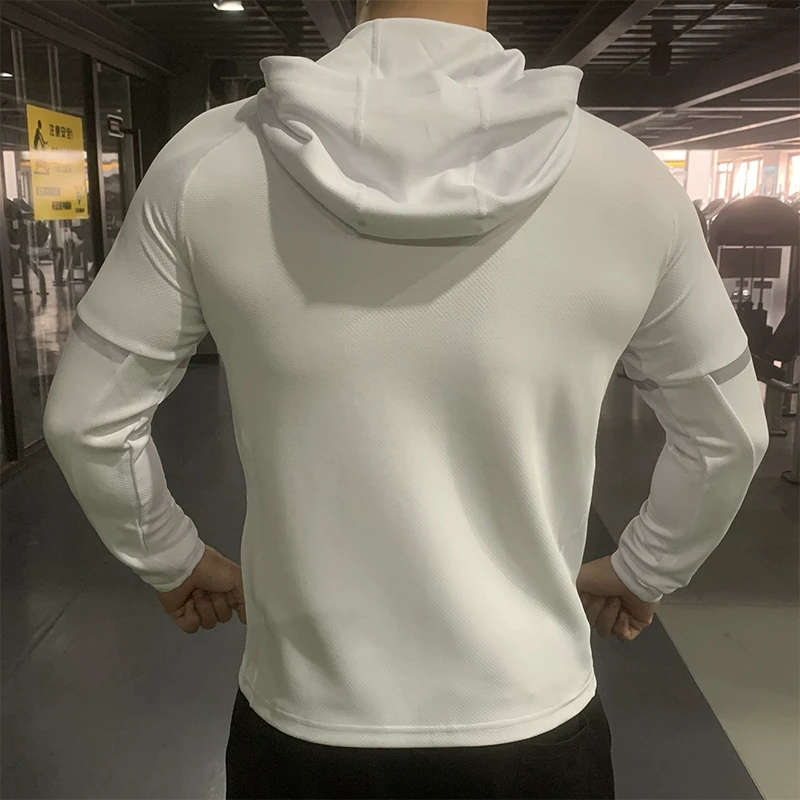 Men Autumn Sports Sweatshirts Zipper Hoodies Running Fitness Elastic Hoody Male Long Sleeve Jackets with Hood Thick Coats White