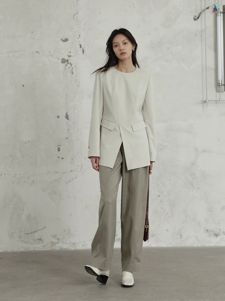 Moofeel Design Sensation round Neck Commute Style Women's Suit Jacket Elegant OL Long Sleeve Pure Color Business Wear