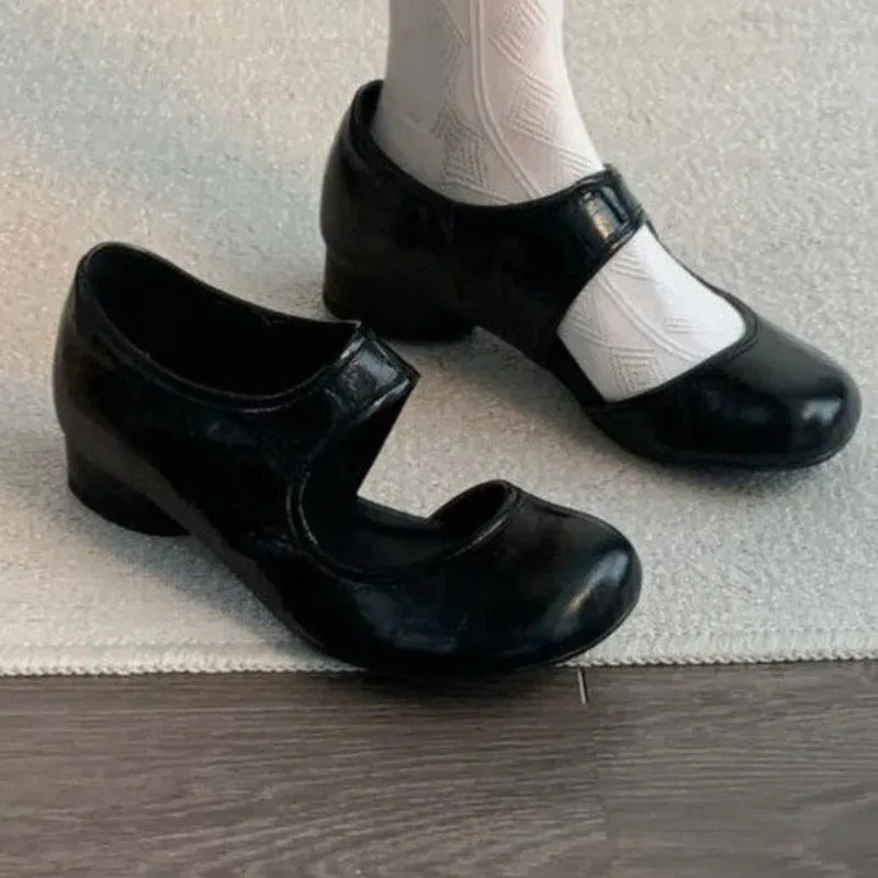 French Style Round-toe Simple Hollowed-out Shallow-top Single Shoe for Women with Thick Heel Fashionable Mary Jane Style Shoe