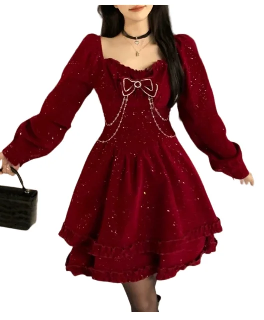 عيد الميلاد الخريف الشتاء جديد كبير الحجم فساتين مخملية حمراء أنيقة فتاة الفرنسية ساحة طوق عالية الخصر طويلة الأكمام فستان كوري