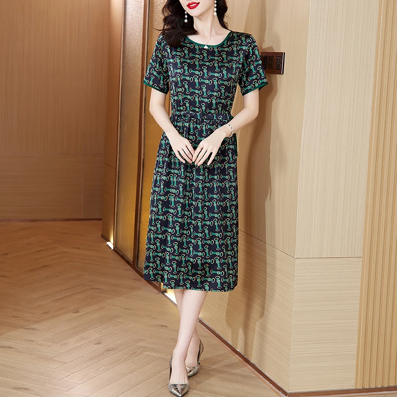 여름 여성 새틴 빈티지 럭셔리 Bodycon 드레스 2025 사무실 녹색 꽃 실크 미디 드레스 우아한 캐주얼 나이트 파티 Vestidos