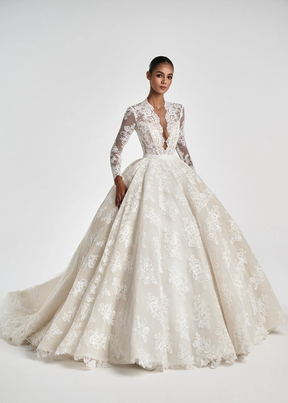 Deep V Neck Long Sleeve Lace Wedding Dress Dot Tulle Ball Gown Cathedral Train Full Lace Appliques Bridal Gown Custom Made Custo