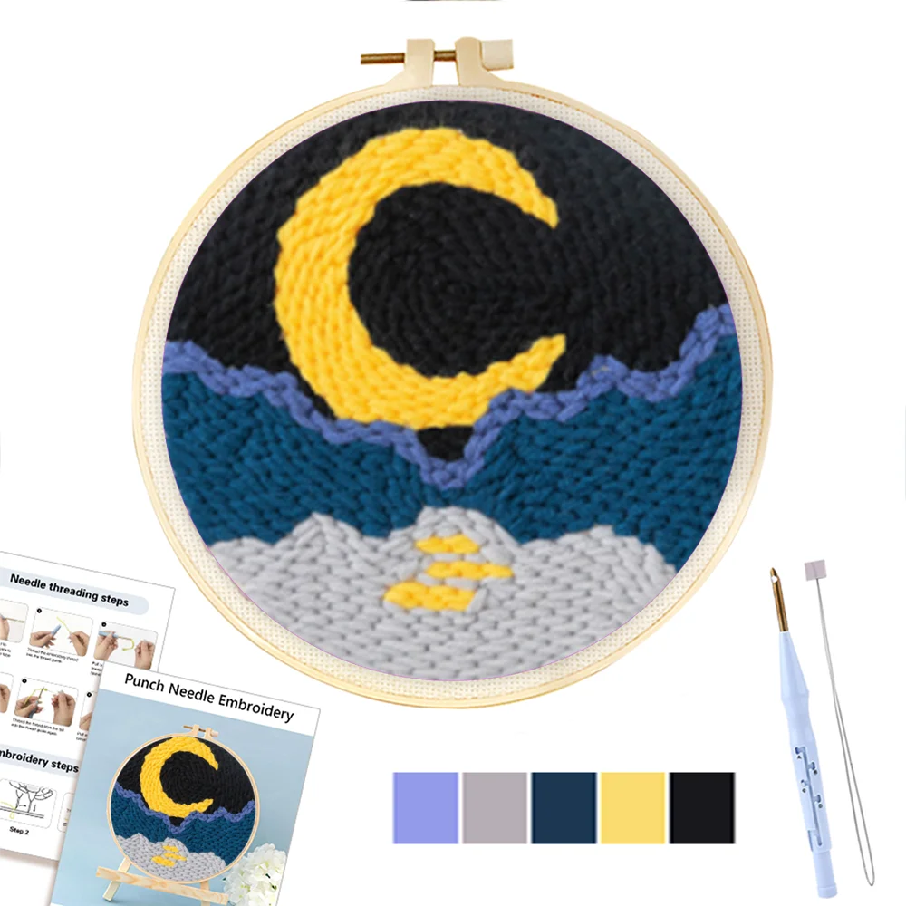 

RUOPOTY Cloud Moon Embroidery Starter Kit Punch Needle Threader Fabric Embroidery Hoop Yarn Rug Punch Needle Pock Pen For Adults