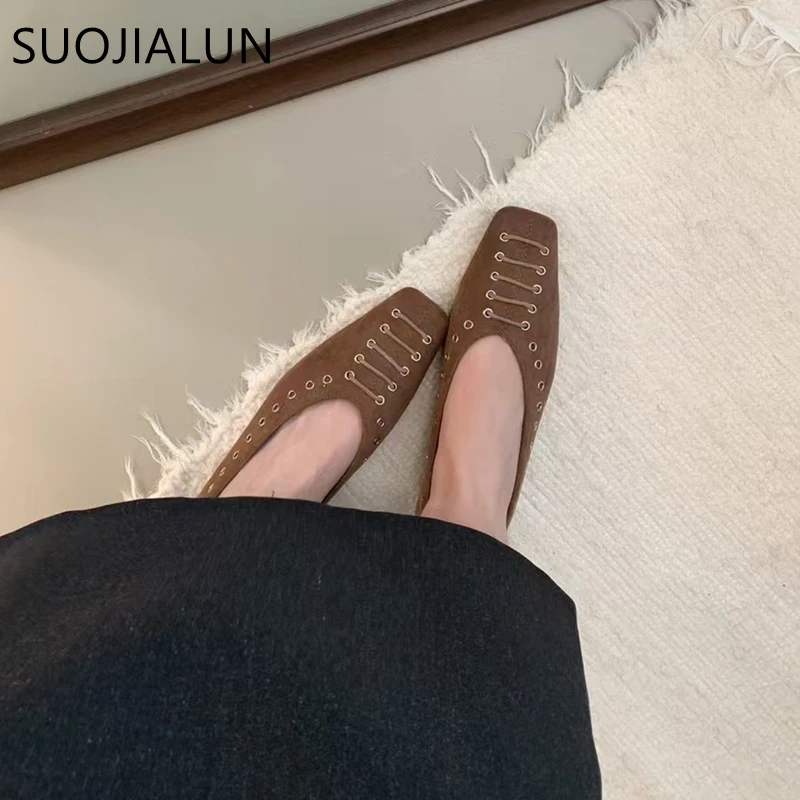 Suojialun outono nova marca feminina sapatos planos moda dedo do pé quadrado raso deslizamento em sapatos de barco macio salto plano senhoras elegante estilingue