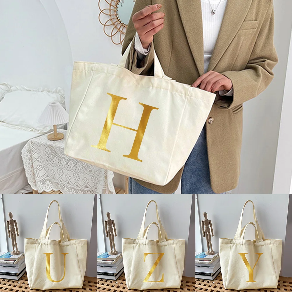 Reusable Shopping Bag New Gold Letter Printed Women Trend Canvas Tote Bags Shopper Eco Bag Harajuku Korean Version Shoulder Bags