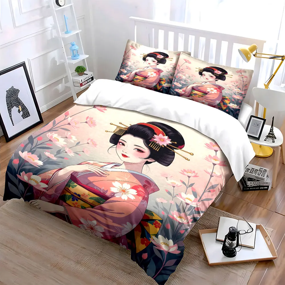 Elegant kimono lady with floral backdrop Print Bedding Set 1 Duvet Cover 2 Pillowcases for Adult and Children Luxury Gift