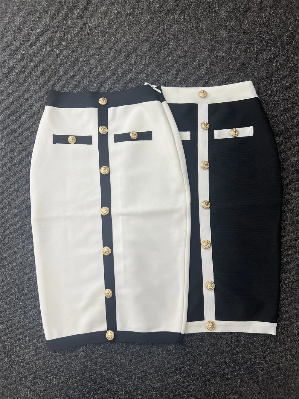 Black White Bandage Skirts For Women Elegant High Waist Elastic Buttons Knee Length Pencil Skirt Elegant Ladies Office Cloth