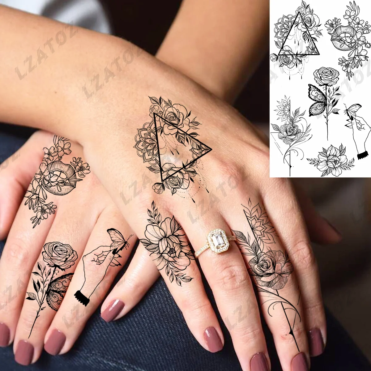 Pequena flor borboleta temporária tatuagens para mulheres adulto rosa videira falso tatuagem adesivos dedo à prova dwaterproof água pequeno tatoo decalques