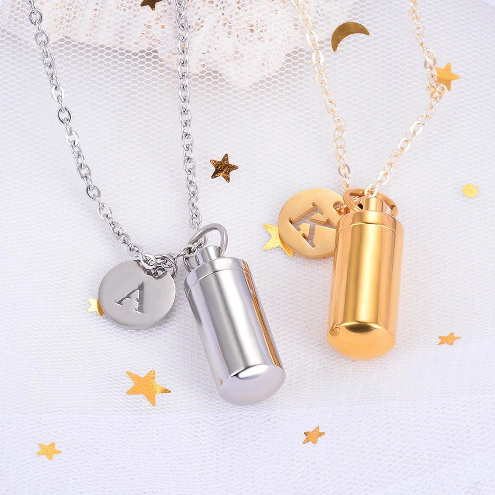 Stainless Steel Cylinder with Letter Charm Cremation Necklace for Ashes Holder Bottle Urn Jewelry Memorial Pendant Keepsake