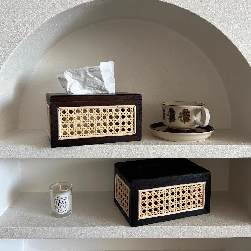 

Solid Wood Rattan Tissue Storage Box Retro Living Room Coffee Table Decoration Kitchen Tissue Box Home Organization Accessories