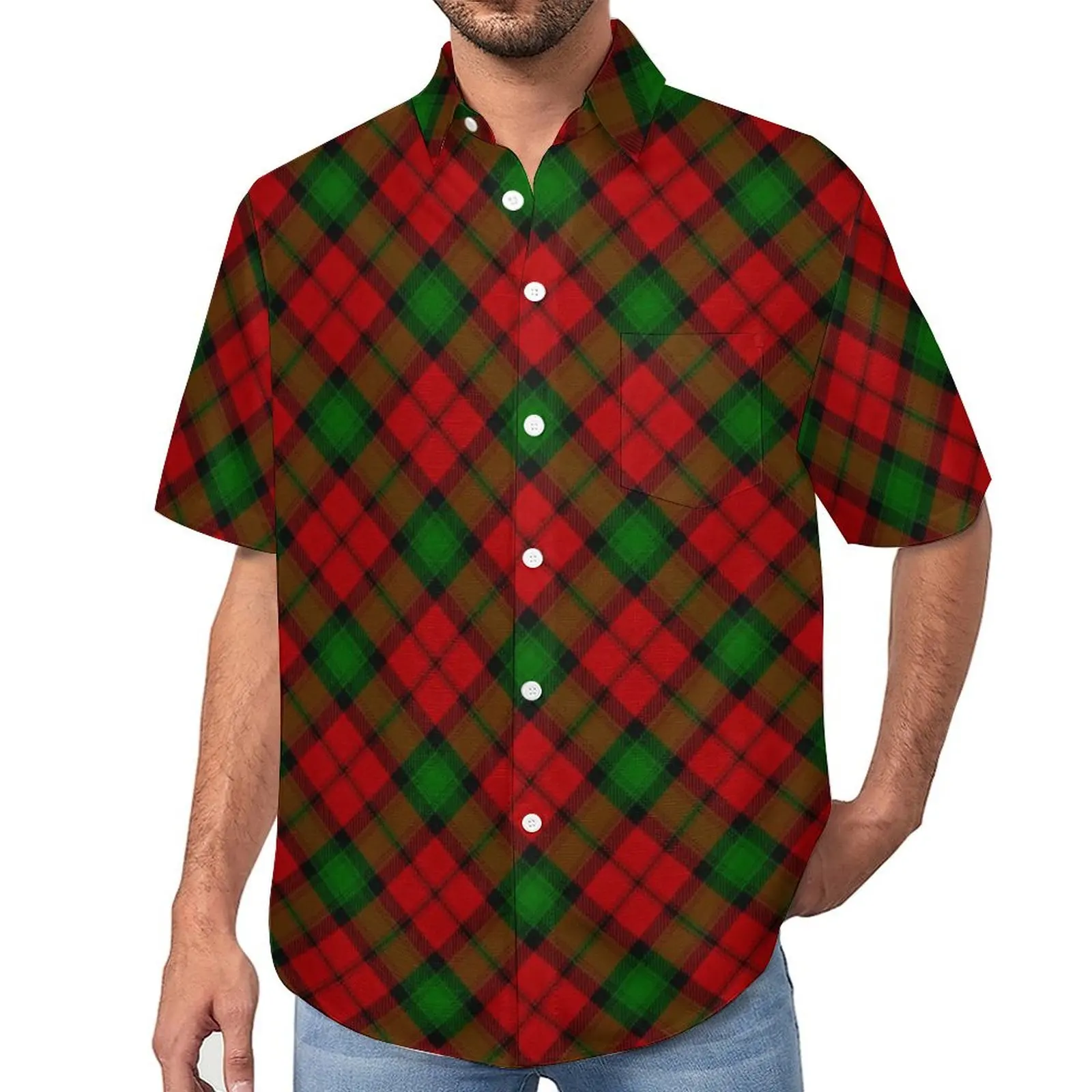 Green Red Plaid Vacation Shirt Checkerboard Hawaiian Casual Shirts Male Aesthetic Blouses Short Sleeve Design Clothing Plus Size